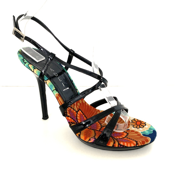 Casadei Sandal Black Patent Leather Strappy Slim Heel Open Toe Ankle Strap 7